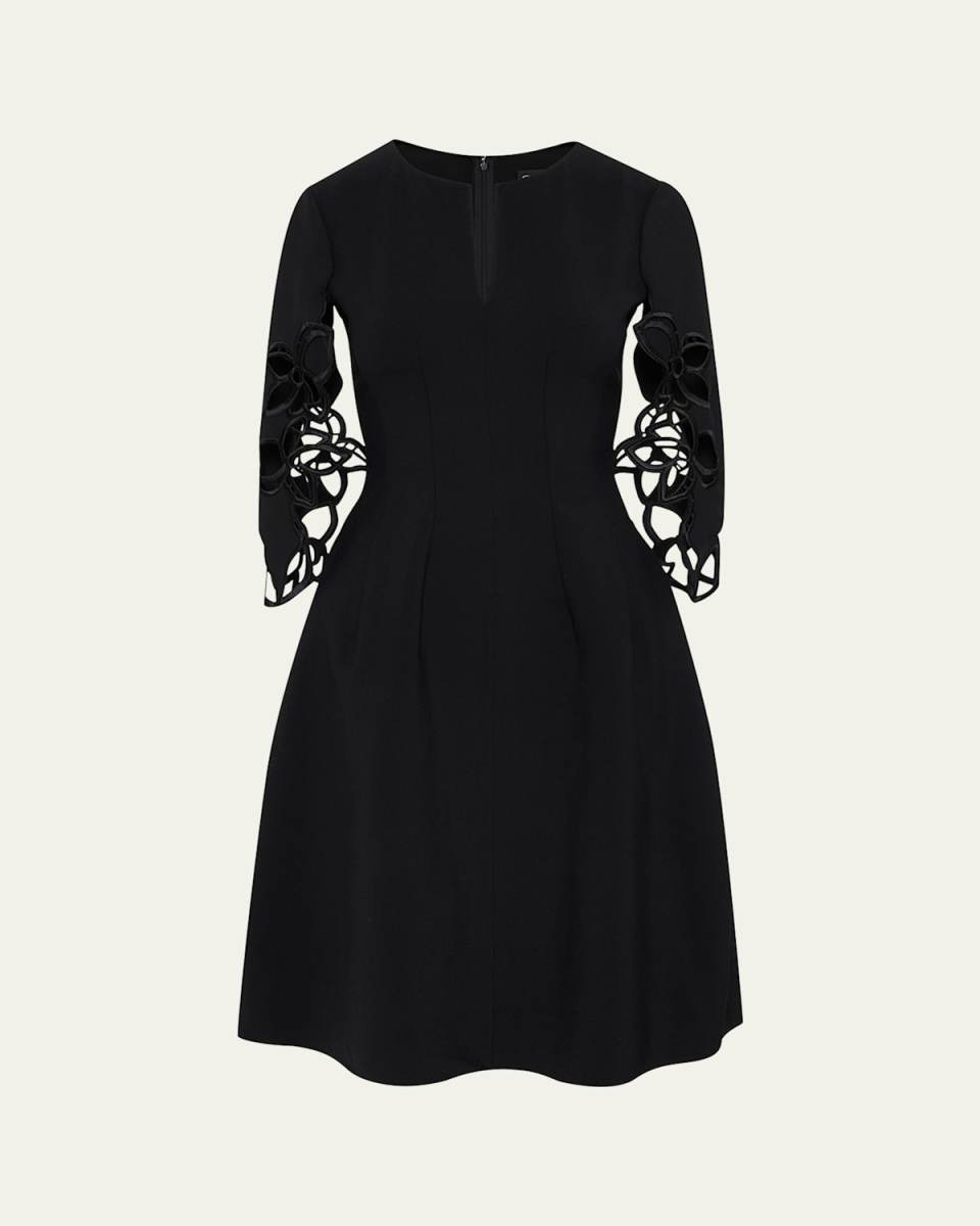 Lace Embroidered Three-Quarter Sleeve Wool Dress